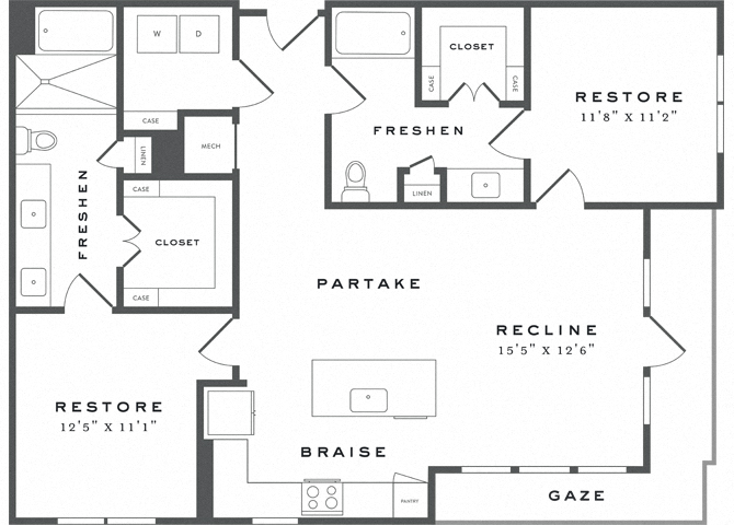 Floor plan for 2 beds, 2 baths, 1262 sqft