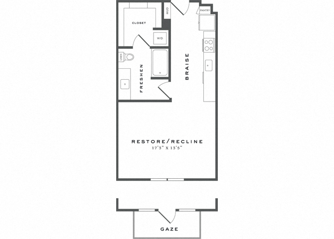 Floor plan for studio, 1 bath, 577 sqft