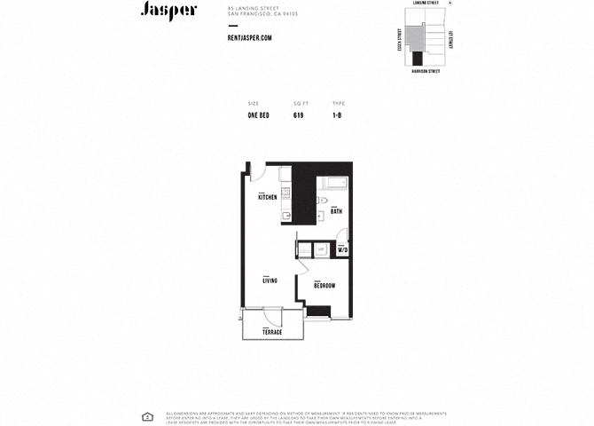 Floor plan for 1 bed, 1 bath, 619 sqft