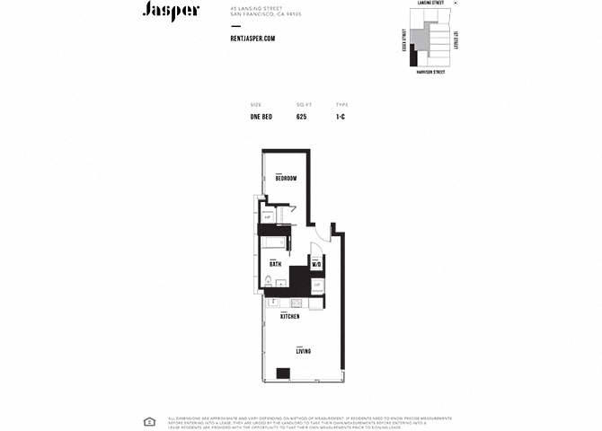 Floor plan for 1 bed, 1 bath, 625 sqft