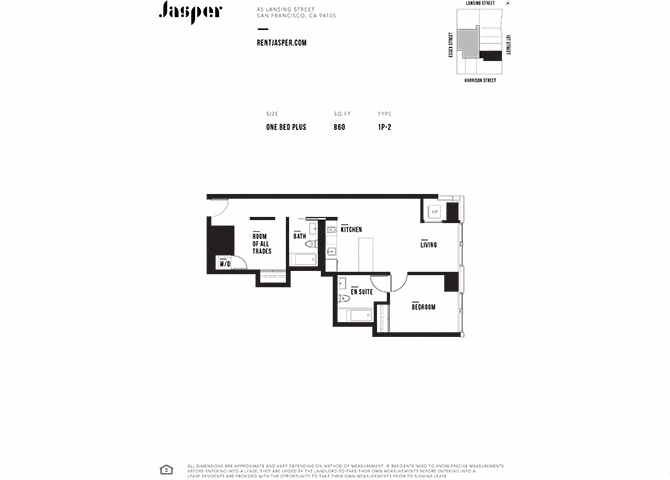 Floor plan for 1 bed, 2 baths, 860 sqft
