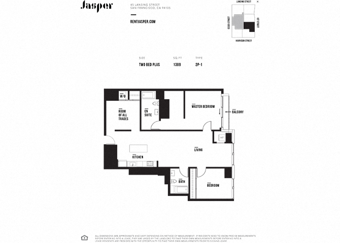 Floor plan for 2 beds, 2 baths, 1389 sqft