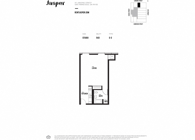 Floor plan for studio, 1 bath, 543 sqft
