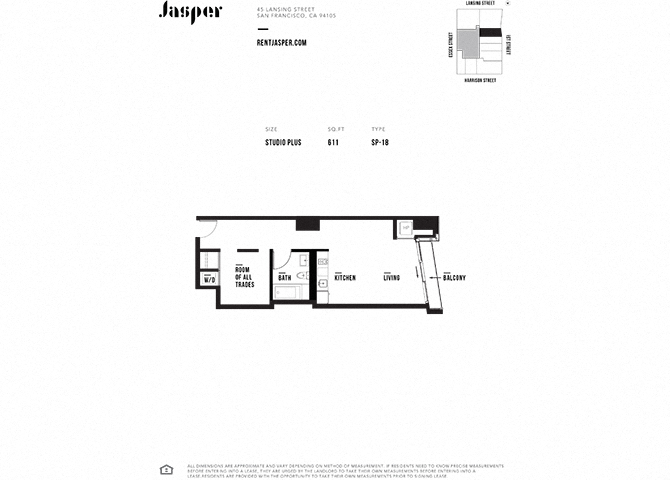 Floor plan for studio, 1 bath, 611 sqft