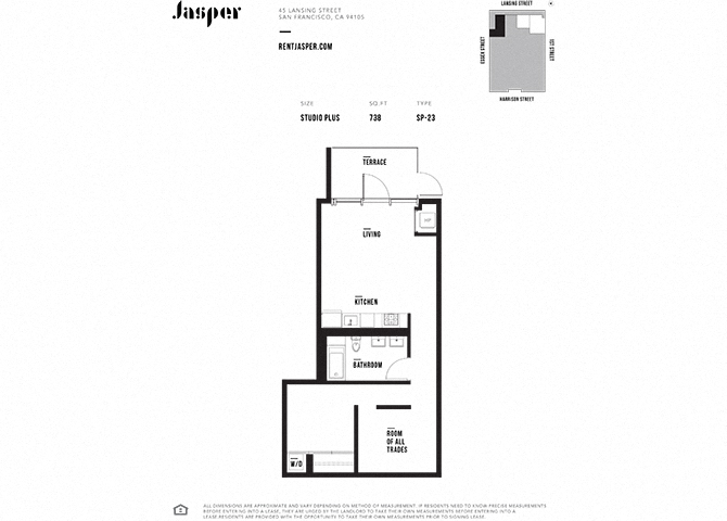 Floor plan for studio, 1 bath, 738 sqft