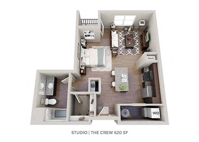 Floor plan for studio, 1 bath, 620 sqft