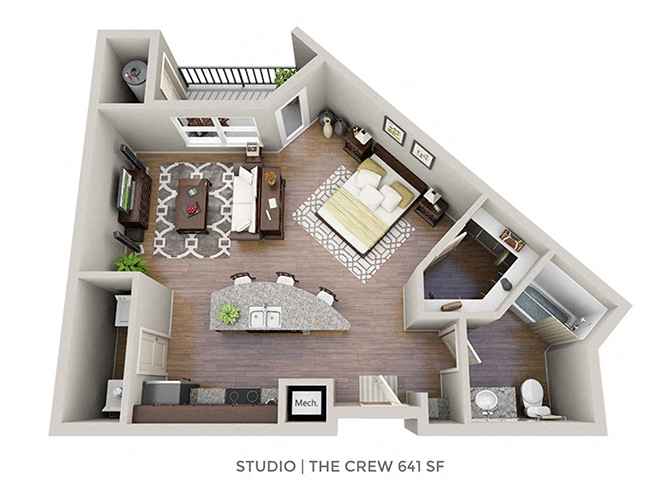 Floor plan for studio, 1 bath, 641 sqft