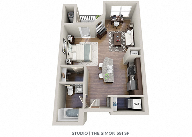 Floor plan for studio, 1 bath, 591 sqft