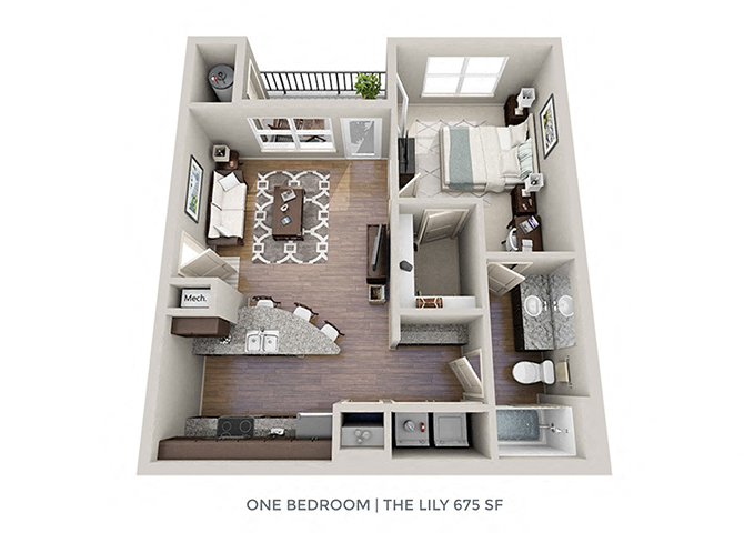 Floor plan for 1 bed, 1 bath, 675 sqft