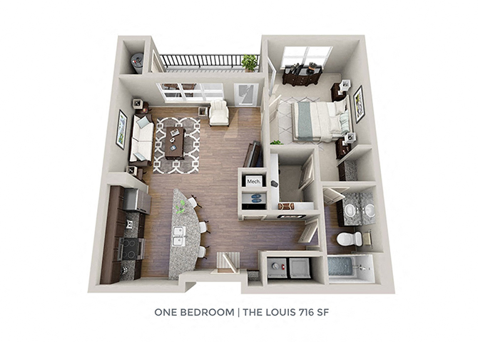 Floor plan for 1 bed, 1 bath, 734 sqft