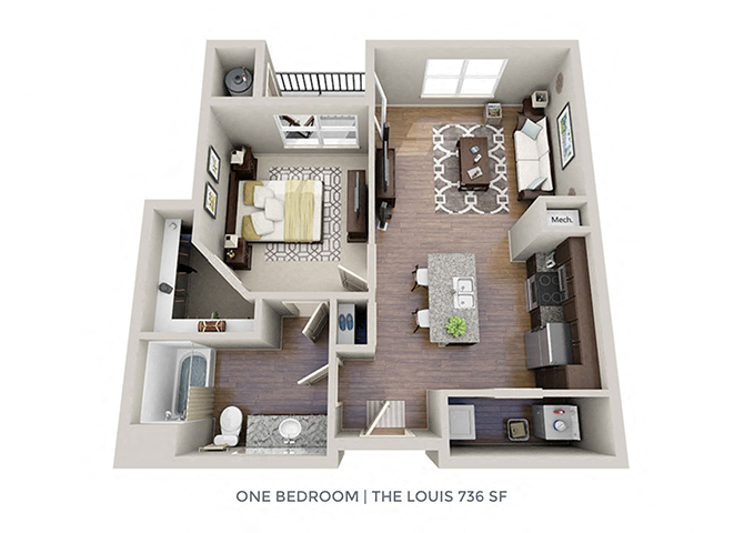 Floor plan for 1 bed, 1 bath, 736 sqft