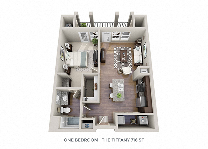 Floor plan for 1 bed, 1 bath, 716 sqft