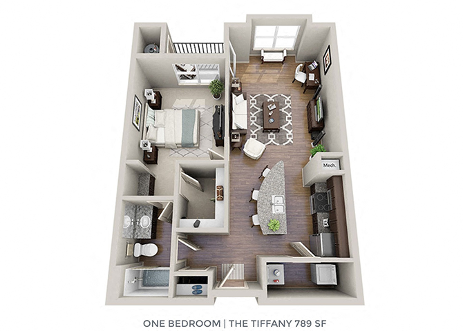 Floor plan for 1 bed, 1 bath, 776 sqft