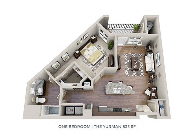 Floor plan for 1 bed, 1 bath, 835 sqft