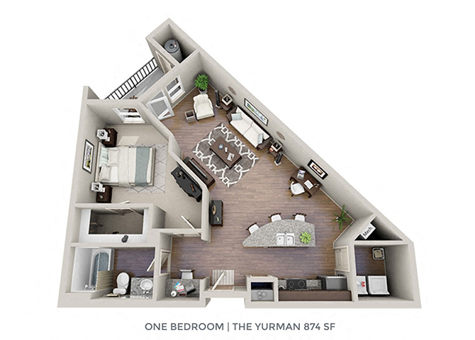 Floor plan for 1 bed, 1 bath, 874 sqft