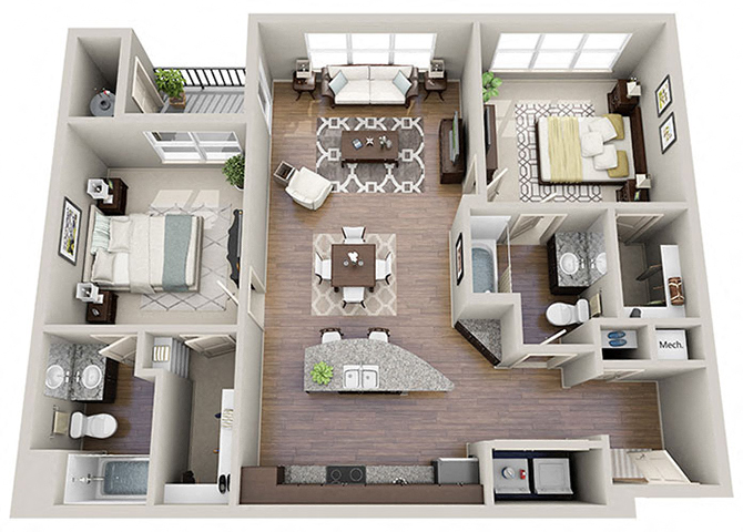 Floor plan for 2 beds, 2 baths, 1079 sqft
