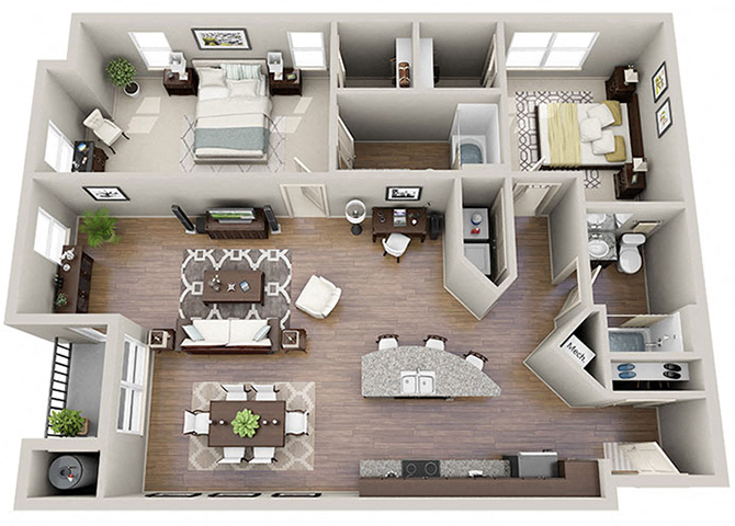 Floor plan for 2 beds, 2 baths, 1322 sqft