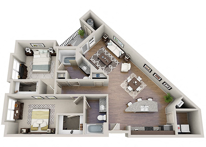 Floor plan for 2 beds, 2 baths, 1171 sqft
