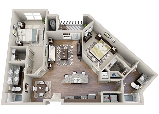 Floor plan for 2 beds, 2 baths, 1135 sqft