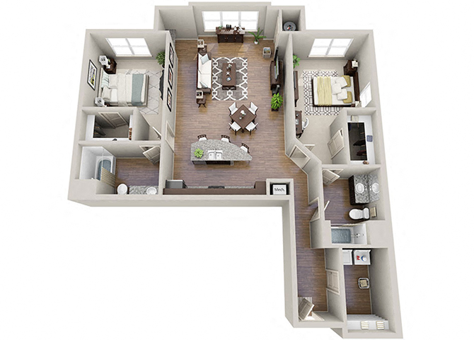 Floor plan for 2 beds, 2 baths, 1299 sqft