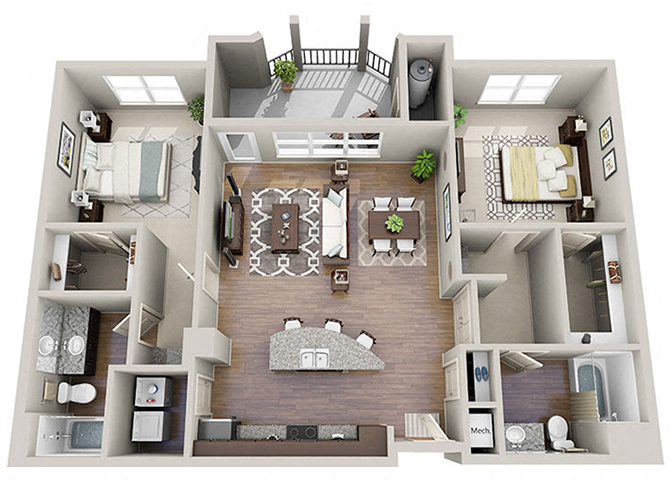 Floor plan for 2 beds, 2 baths, 1285 sqft