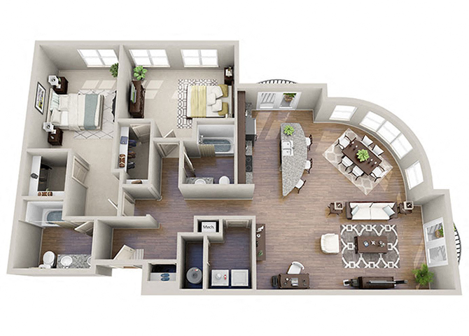 Floor plan for 2 beds, 2 baths, 1545 sqft