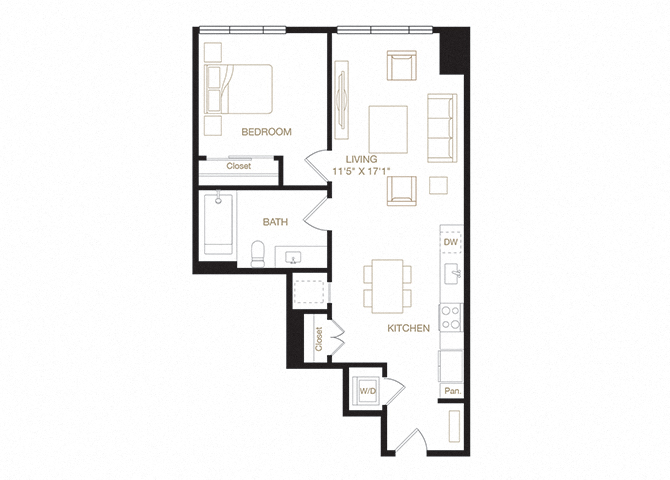 Floor plan for 1 bed, 1 bath, 705 sqft