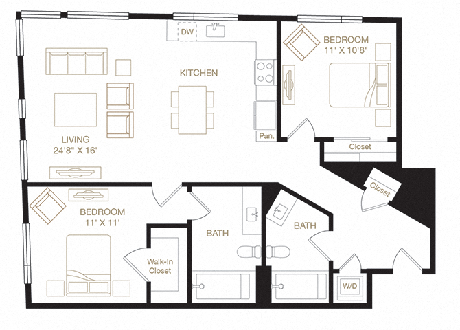 Floor plan for 2 beds, 2 baths, 1065 sqft