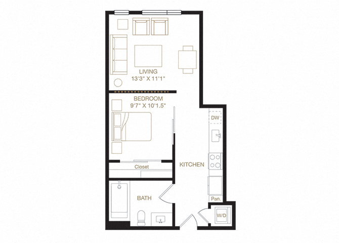 Floor plan for 1 bed, 1 bath, 535 sqft
