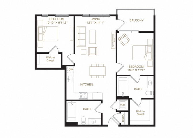 Floor plan for 2 beds, 2 baths, 950 sqft