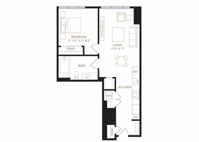 Floor plan for 1 bed, 1 bath, 670 sqft