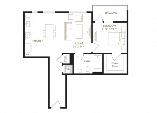 Floor plan for 1 bed, 1 bath, 725 sqft
