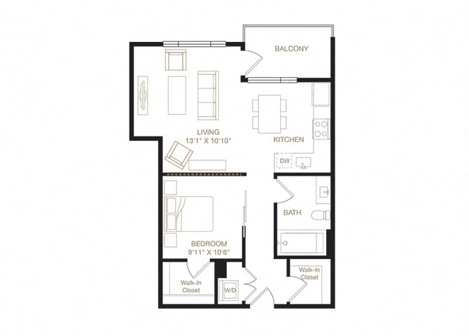 Floor plan for 1 bed, 1 bath, 700 sqft