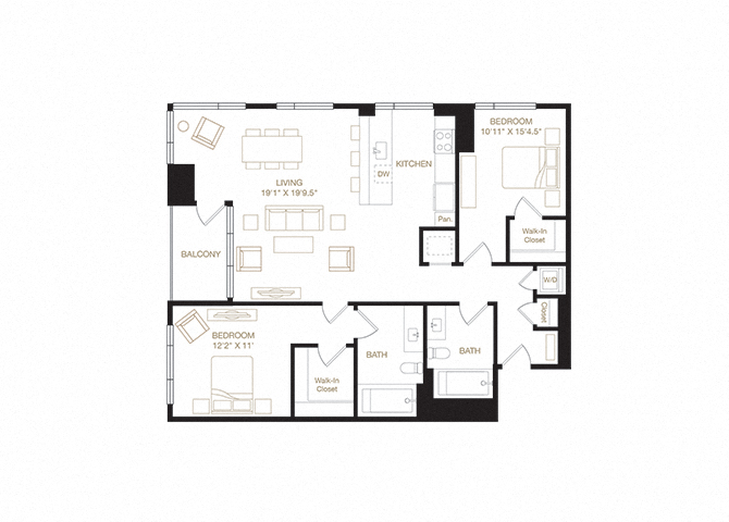 Floor plan for 2 beds, 2 baths, 1205 sqft