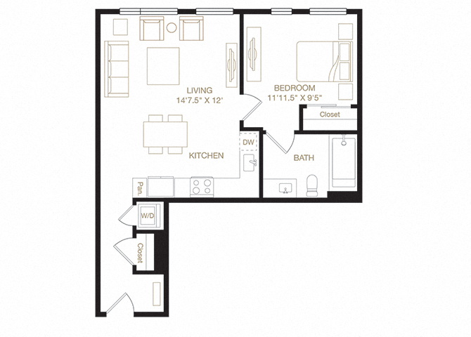 Floor plan for 1 bed, 1 bath, 660 sqft