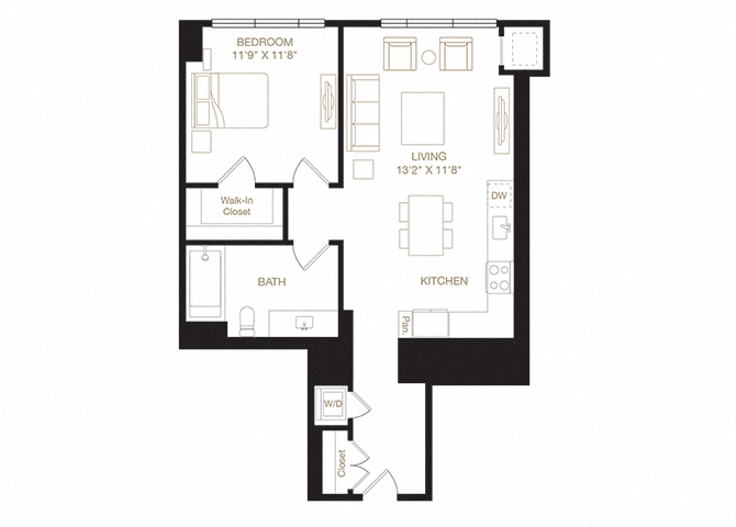 Floor plan for 1 bed, 1 bath, 780 sqft