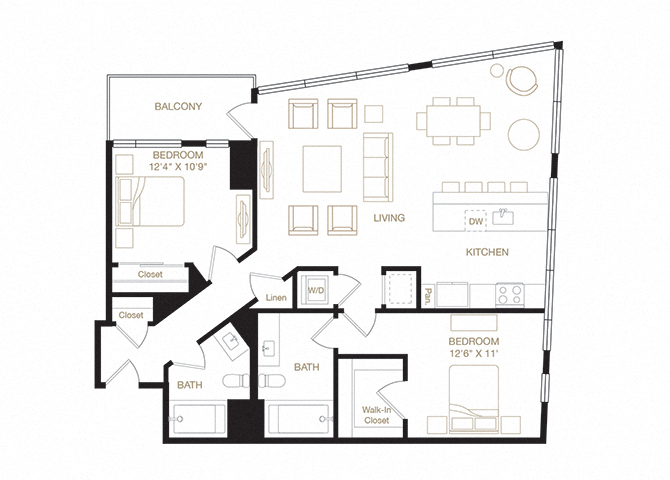 Floor plan for 2 beds, 2 baths, 1145 sqft