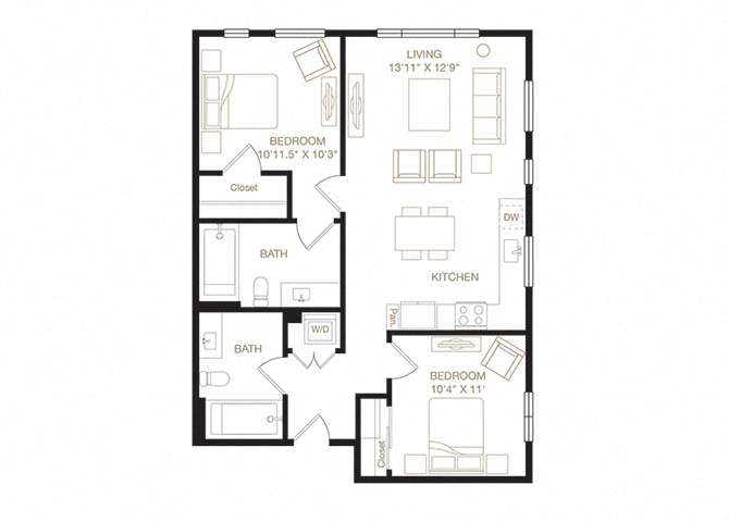 Floor plan for 2 beds, 2 baths, 905 sqft