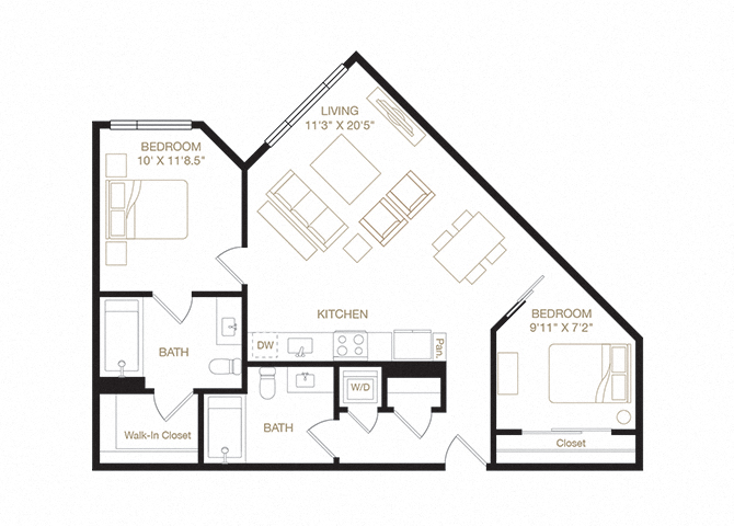 Floor plan for 2 beds, 2 baths, 900 sqft