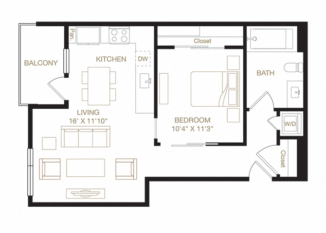 Floor plan for 1 bed, 1 bath, 650 sqft
