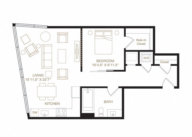 Floor plan for 1 bed, 1 bath, 795 sqft
