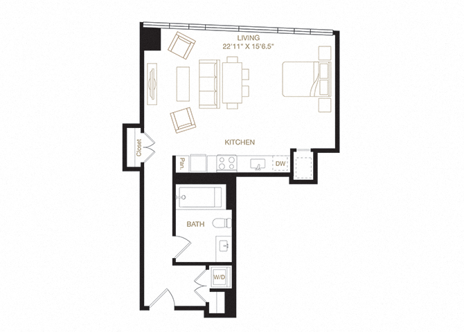 Floor plan for studio, 1 bath, 625 sqft