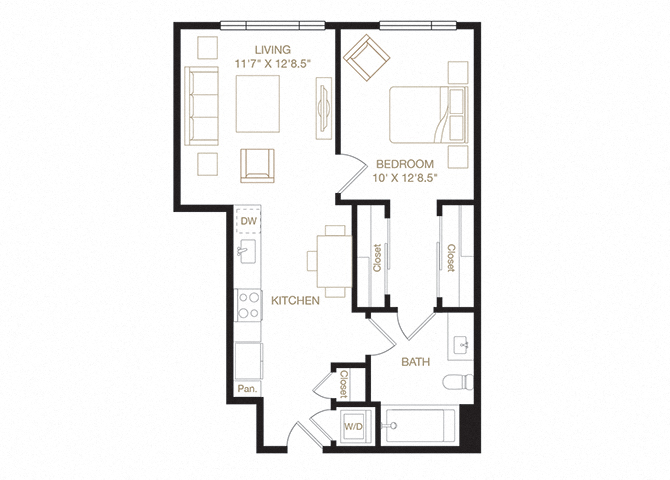 Floor plan for 1 bed, 1 bath, 660 sqft
