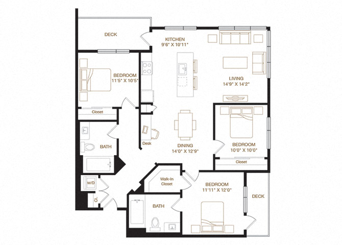 Floor plan for 3 beds, 2 baths, 1350 sqft