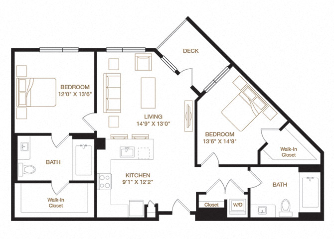 Floor plan for 2 beds, 2 baths, 1067 sqft