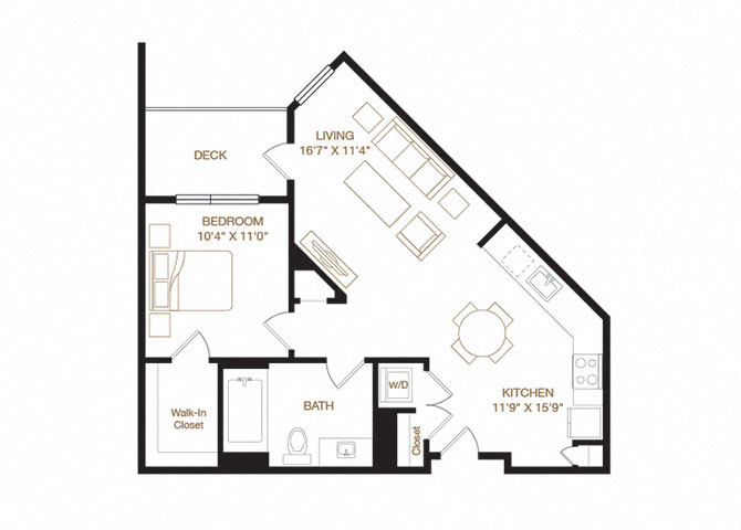 Floor plan for 1 bed, 1 bath, 753 sqft