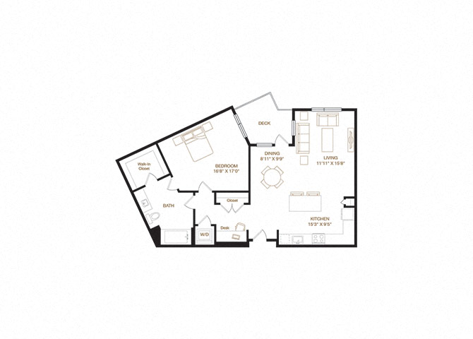 Floor plan for 1 bed, 1 bath, 1038 sqft
