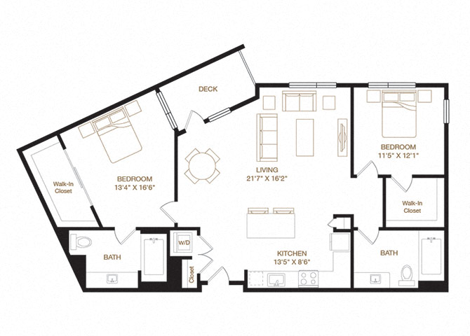 Floor plan for 2 beds, 2 baths, 1217 sqft