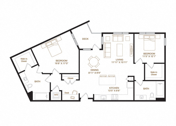 Floor plan for 2 beds, 2 baths, 1330 sqft