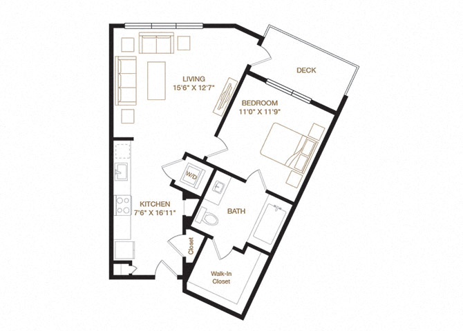 Floor plan for 1 bed, 1 bath, 739 sqft